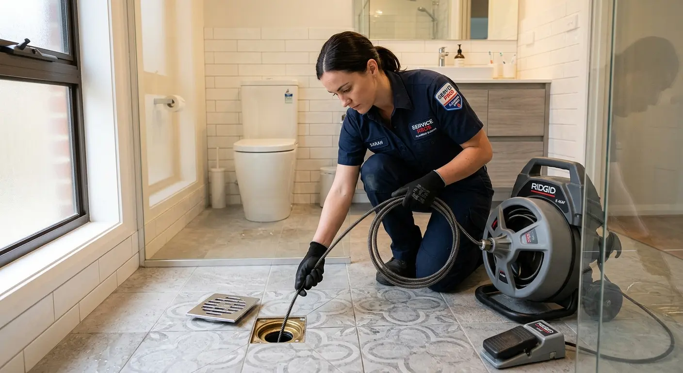 Technician clearing a bathroom floor drain for Sewer Line Installation in Seminole